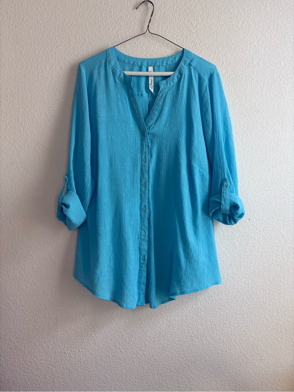 NY Collection Ocean Blue Button-Front Roll-Sleeve Flowy Blouse NWOT